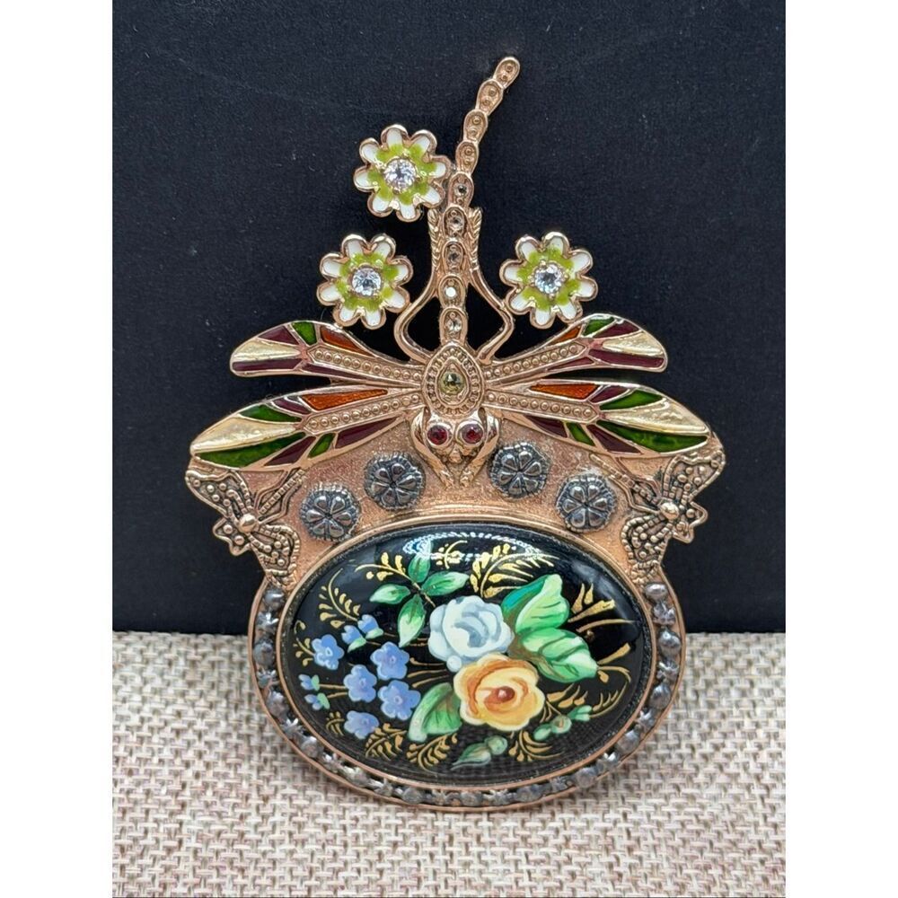 Unique Estate Amy Kahn Russell Bronze Dragonfly Floral Large Pin Pendant